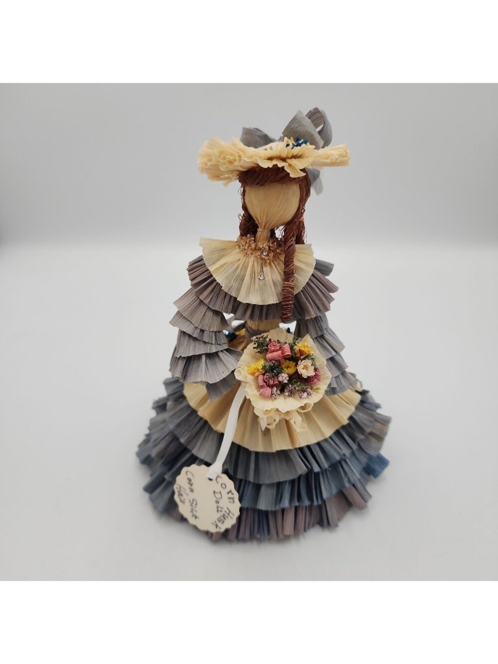VINTAGE CORN HUSK 7" DOLL Flowers Bonnet Victorian Blue Dress